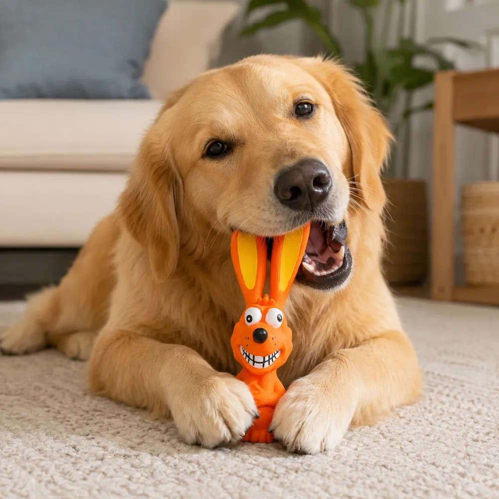 Golden retriever chewing orange long-ear latex squeaky dog toy in an indoor home scene