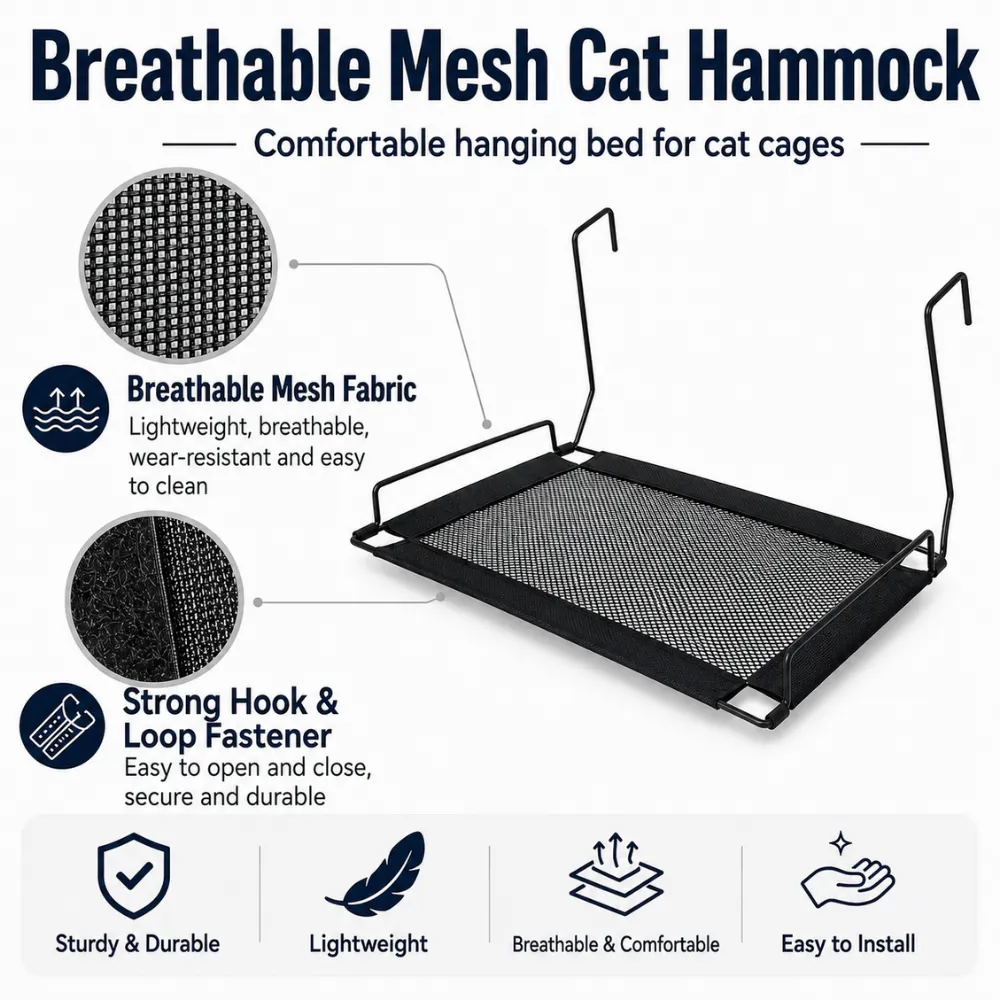 Breathable mesh cat hammock with durable fabric, strong hook and loop fastener, lightweight hanging design