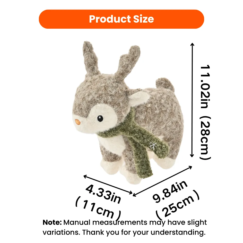 Christmas felt reindeer dog toy with green scarf, showing product size 9.84 x 4.33 x 11.02 inches