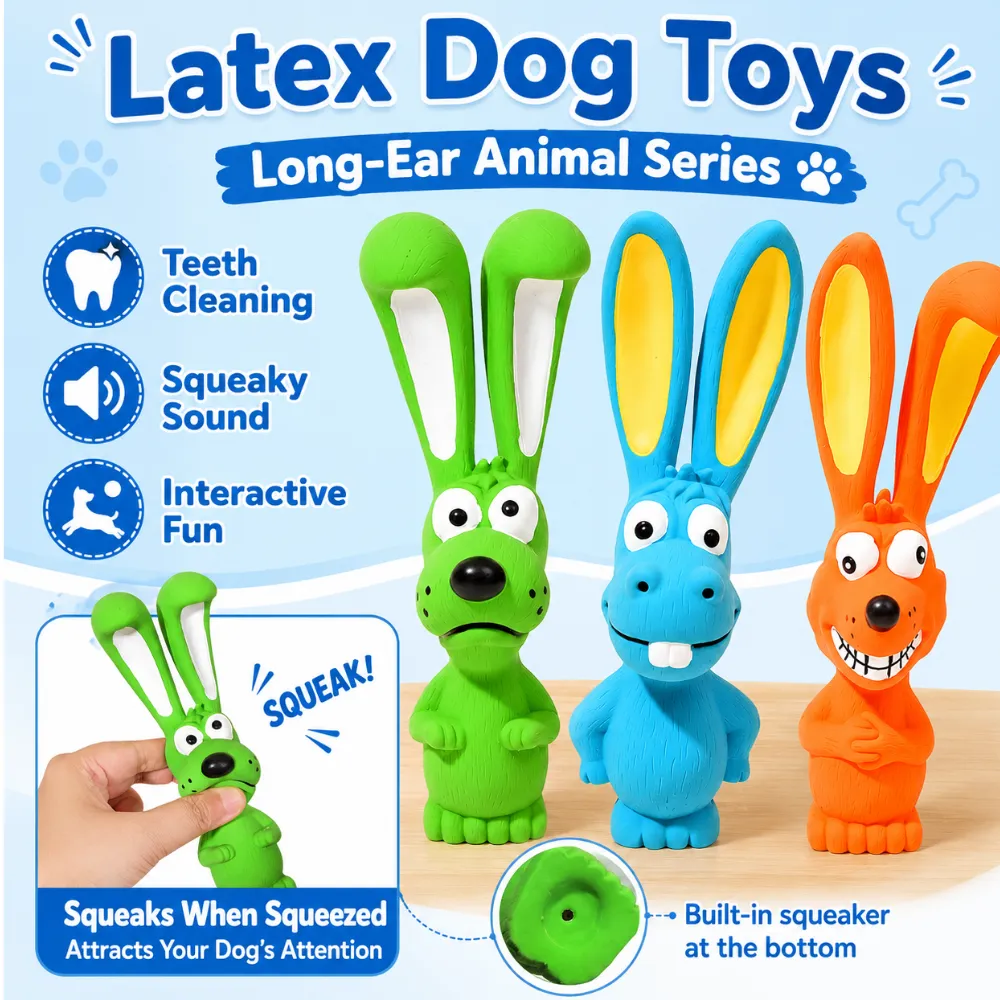 Latex dog toys with squeaky sound, teeth cleaning texture and long-ear animal designs