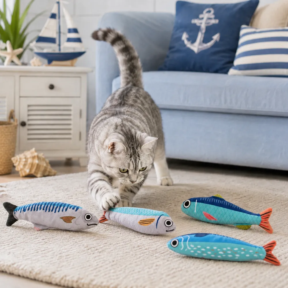 Cat playing indoors with summer ocean plush fish cat toys featuring soft fabric and crinkle paper sound.