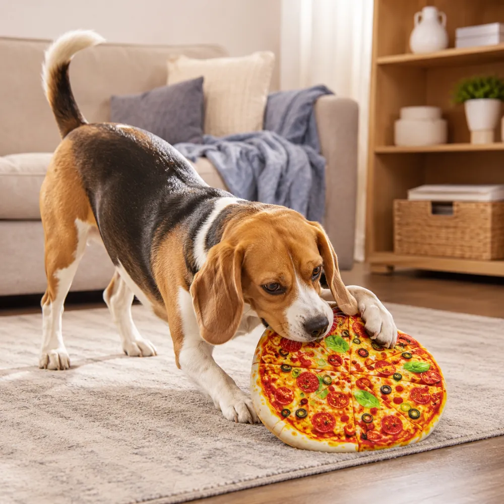 Beagle dog playing with plush pizza squeaky toy in living room