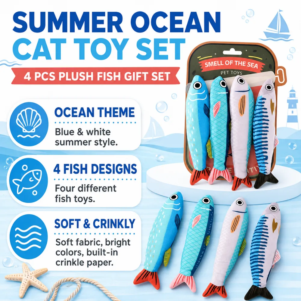 Summer ocean cat toy set with 4 plush fish designs, soft fabric, bright colors, and built-in crinkle paper.