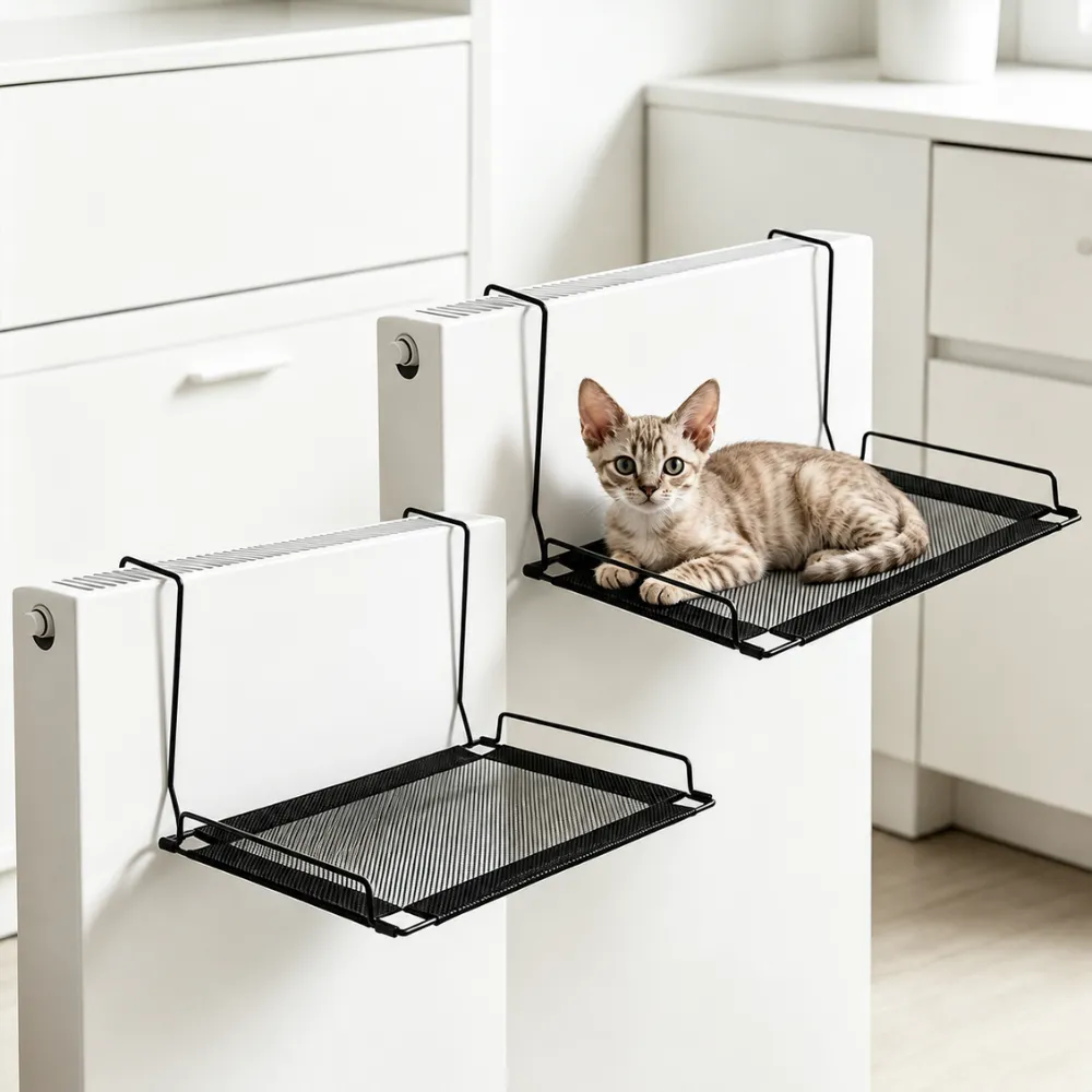 Kitten resting on black breathable mesh cat hammock mounted on radiator in a clean indoor room