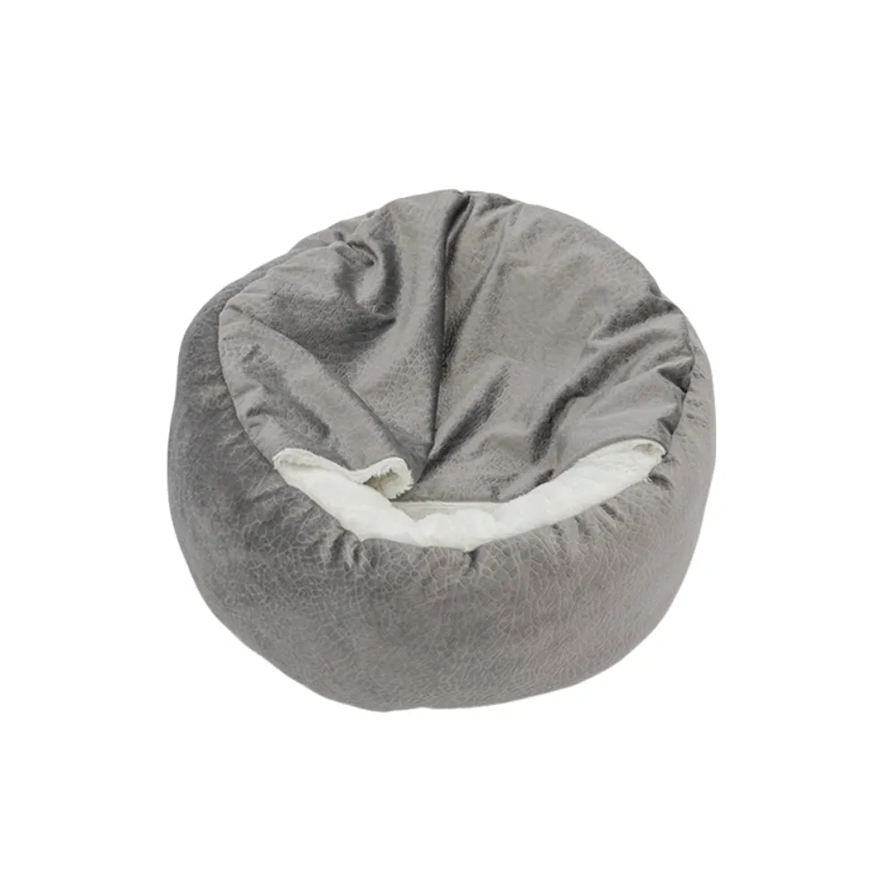 Grey semi-enclosed shell cat bed with soft white plush lining on a clean white background