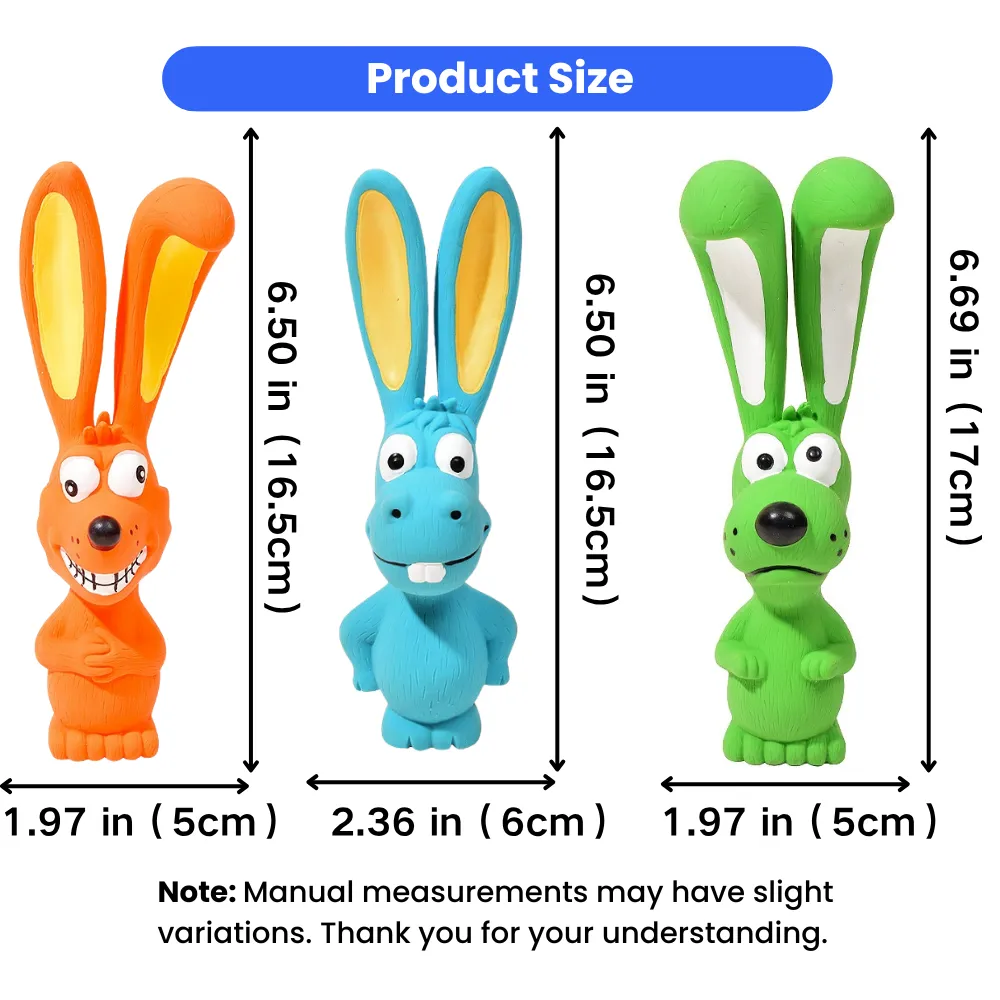 Latex long-ear squeaky dog toys size chart with orange, blue and green animal designs
