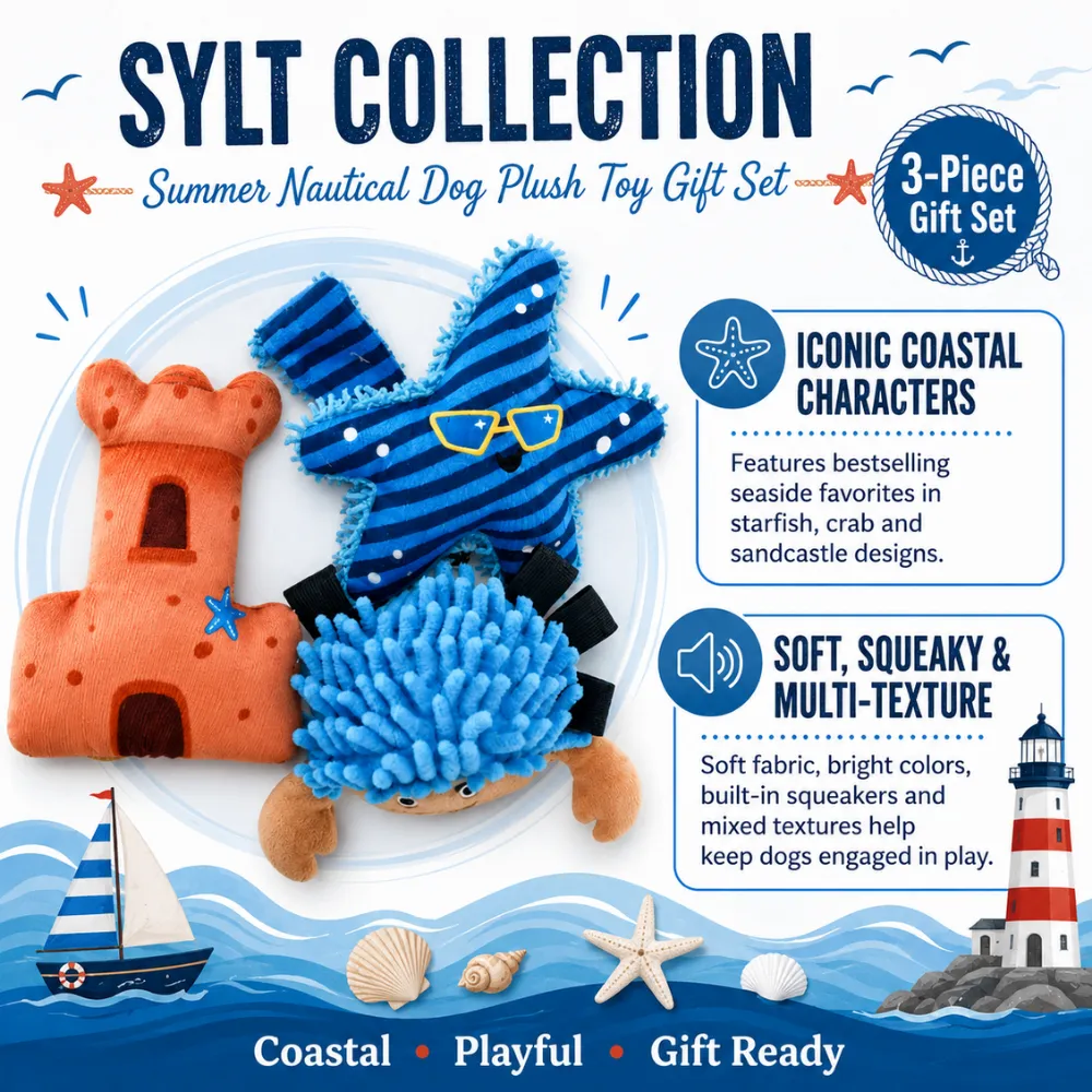 Wholesale Coastal Character Dog Plush Toys Gift Set 3-piece nautical dog plush toy set with starfish, crab and sandcastle characters, soft fabric, squeaker and multi-texture design