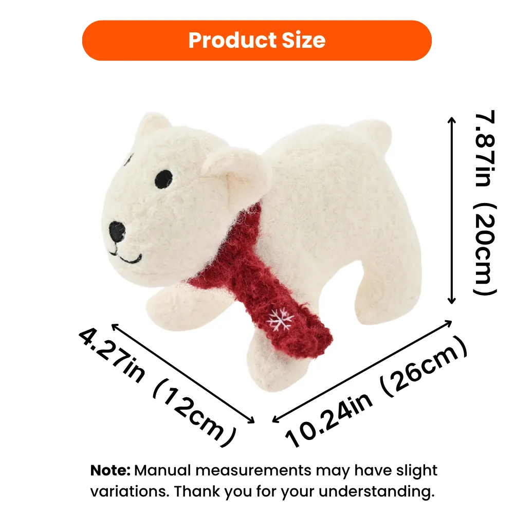 Christmas felt polar bear dog toy with red scarf, showing product size 10.24 x 4.27 x 7.87 inches