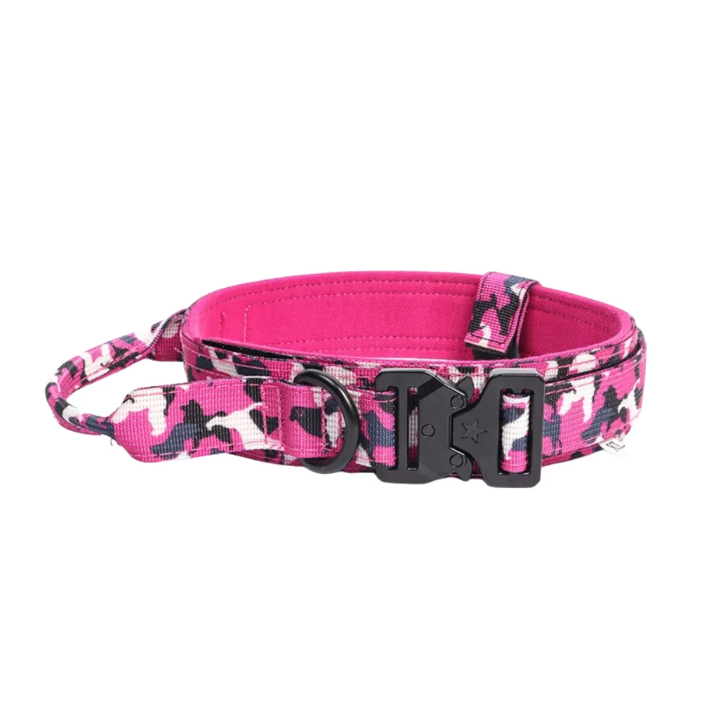 Pink Camouflage Heavy-Duty Dog Collar White Background Pink camouflage heavy-duty dog collar with padded interior, D-ring and black quick-release buckle on white background.