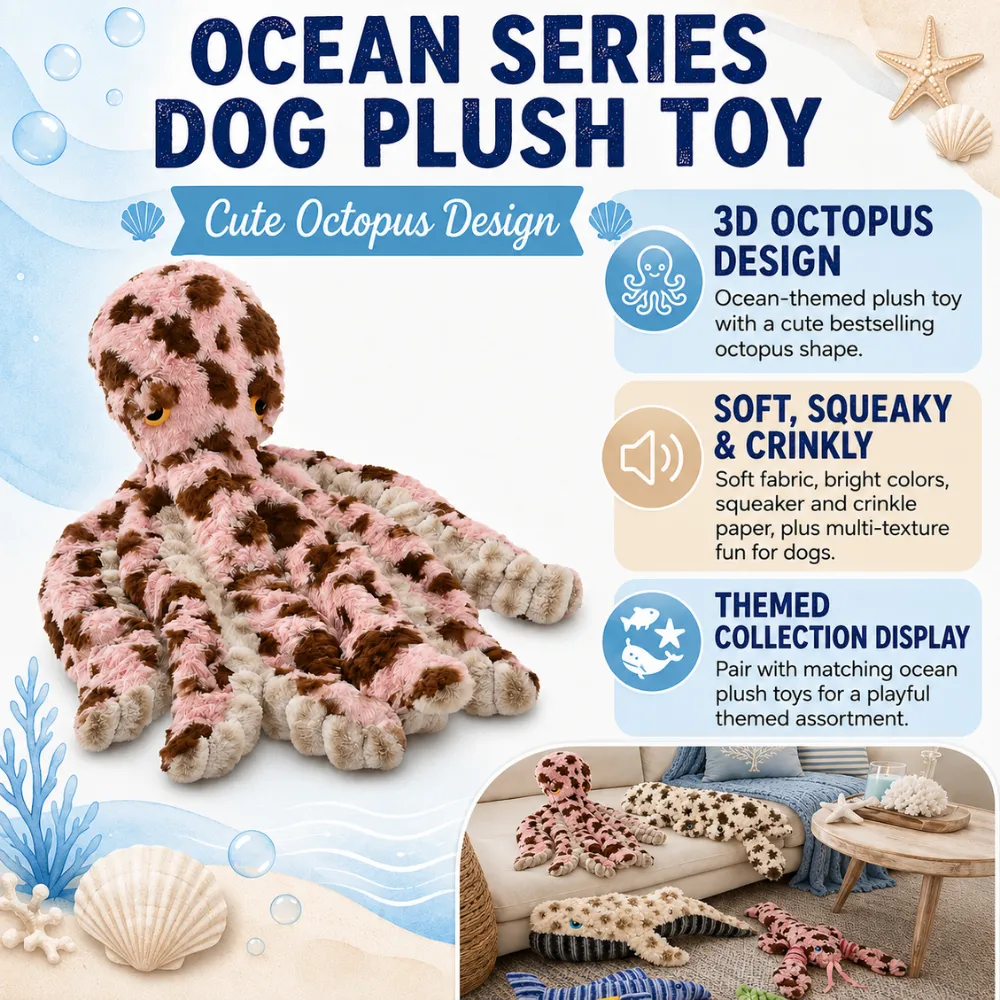 Ocean series octopus dog plush toy with squeaky crinkle design and soft fabric