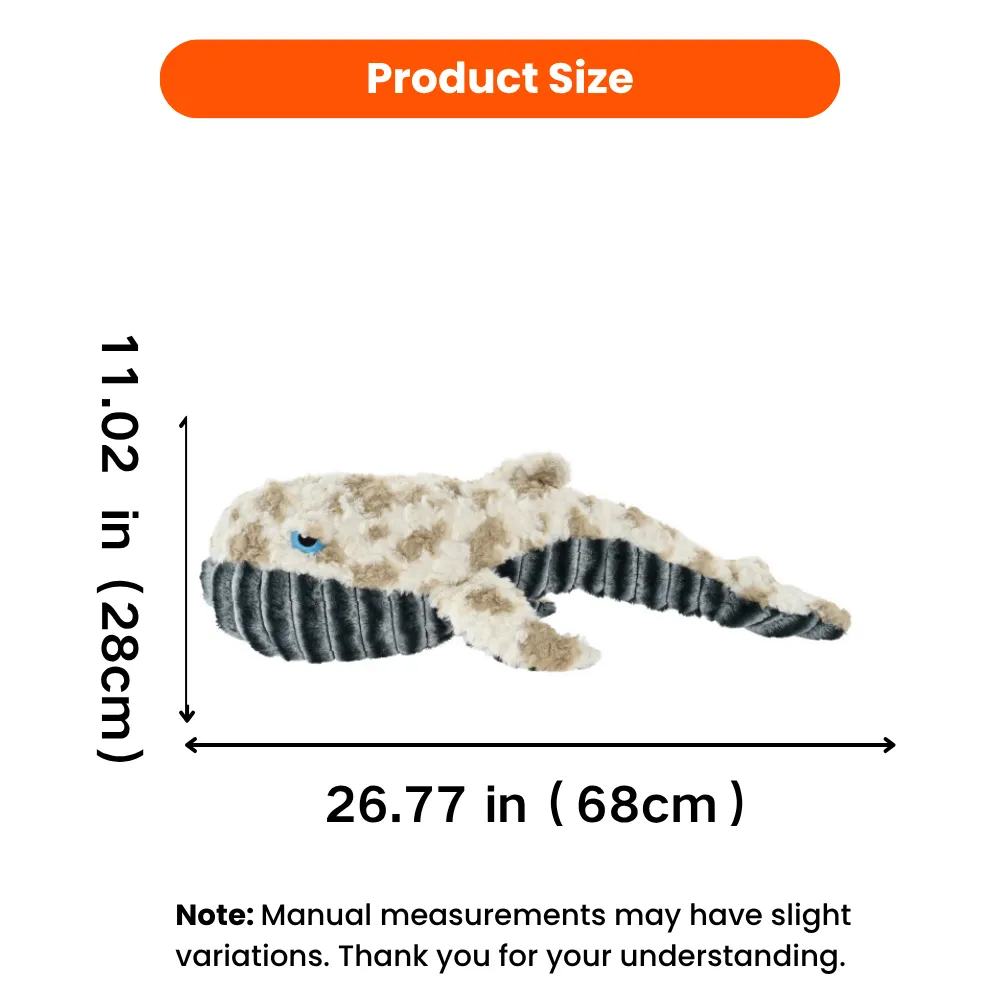 Whale plush dog toy size chart 26.77 in 68 cm by 11.02 in 28 cm