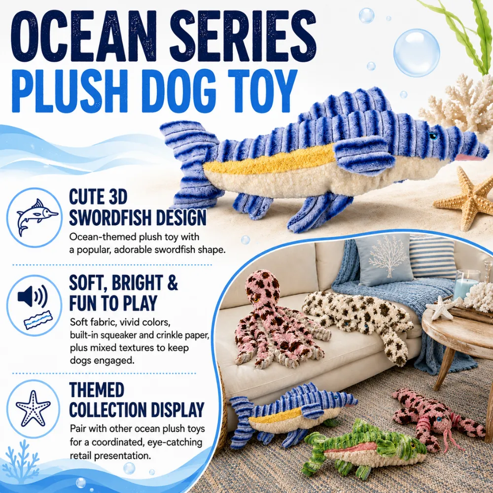Ocean series plush dog toy with 3D swordfish design, squeaker, crinkle paper and soft fabric