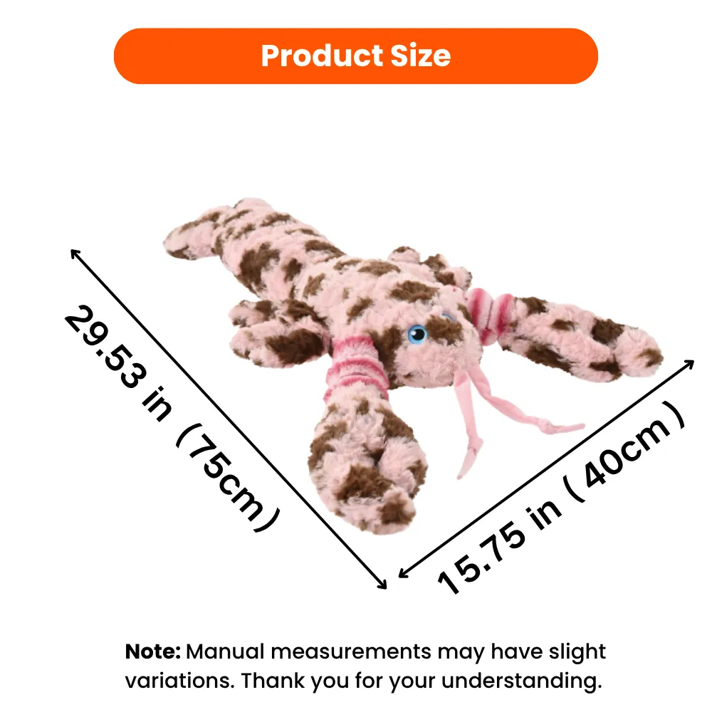 Size guide for pink lobster plush dog toy, measuring 29.53 inches long and 15.75 inches wide.