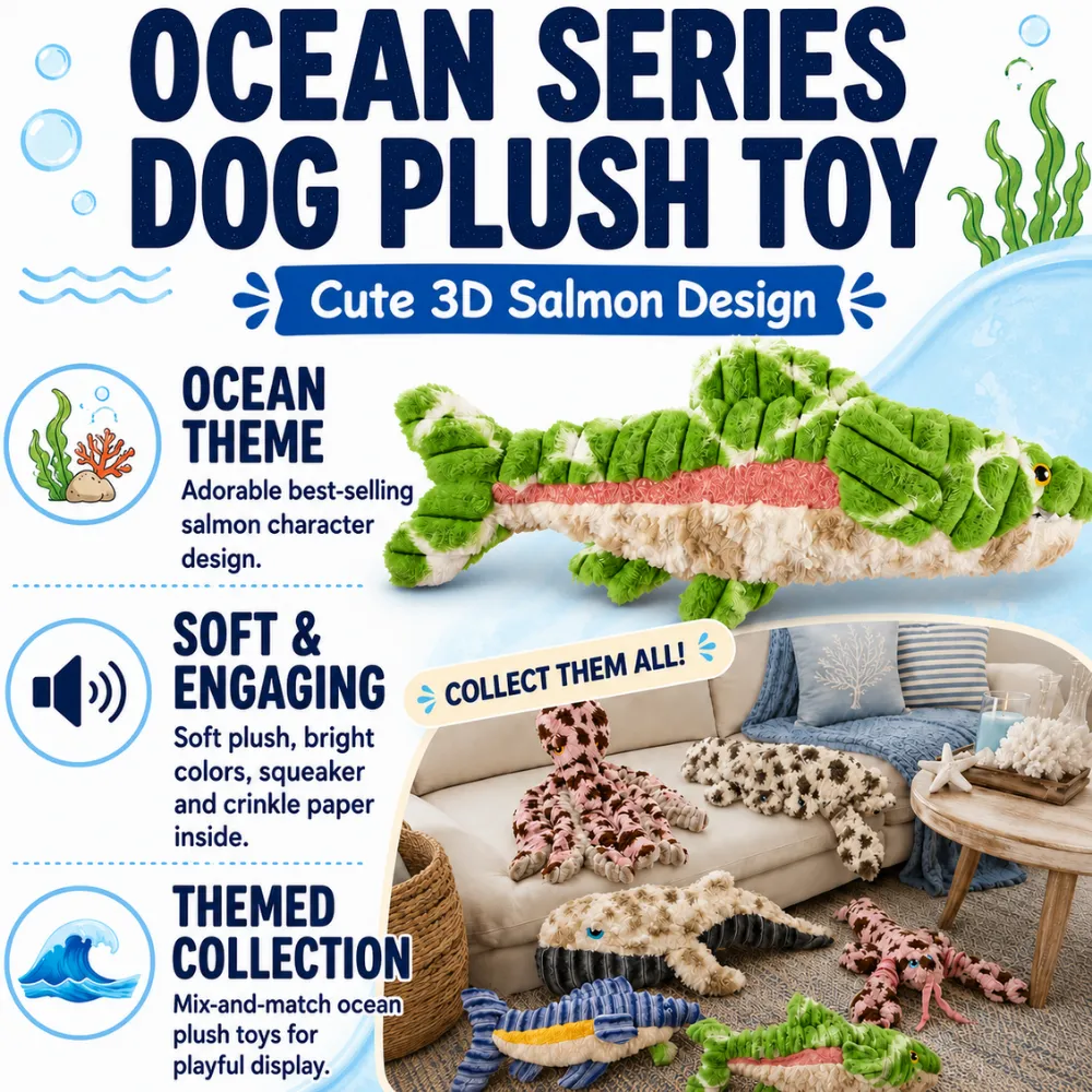 Ocean series dog plush toy with cute 3D salmon design, squeaker, crinkle paper and themed collection display