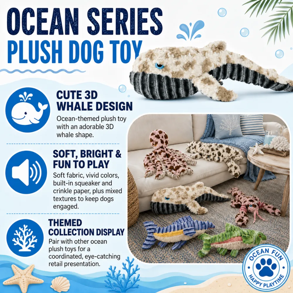 Ocean series whale plush dog toy with soft fabric squeaker and crinkle paper