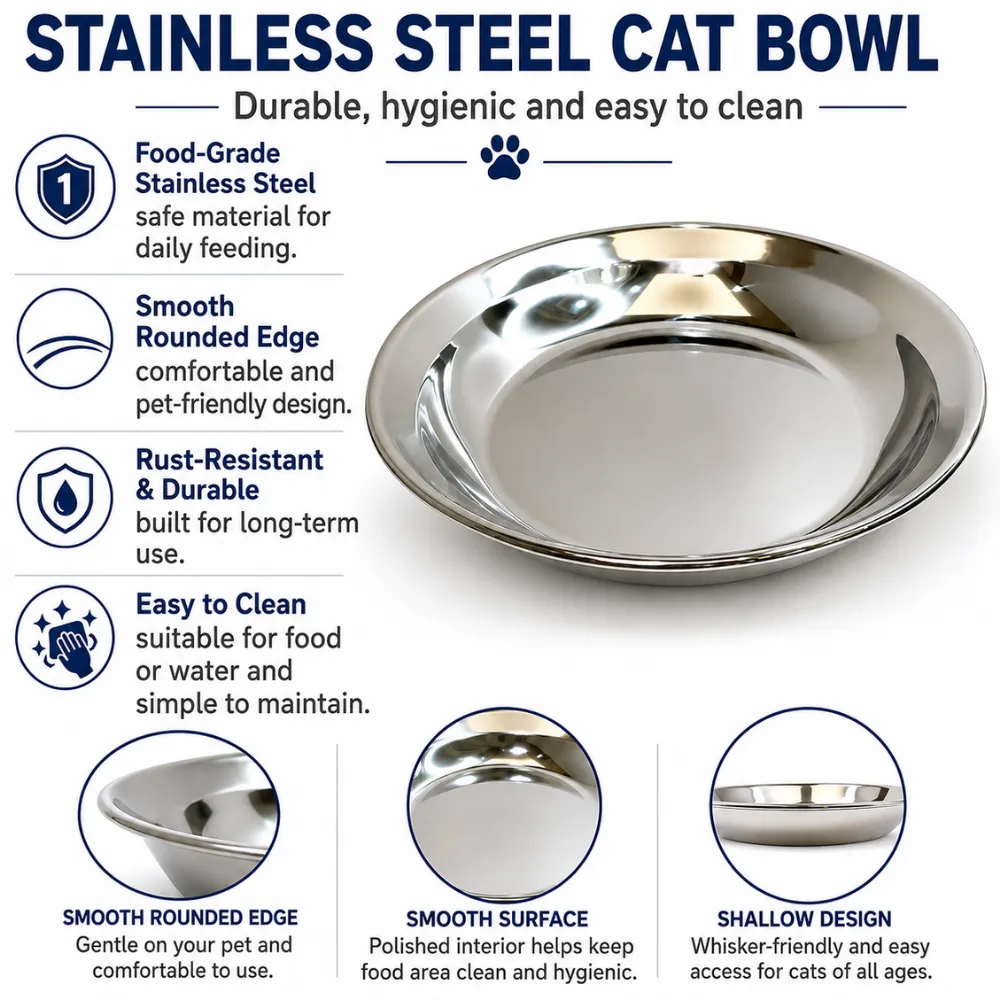 Food-grade stainless steel cat bowl with smooth rounded edge, rust-resistant finish, shallow design, and easy-clean surface.