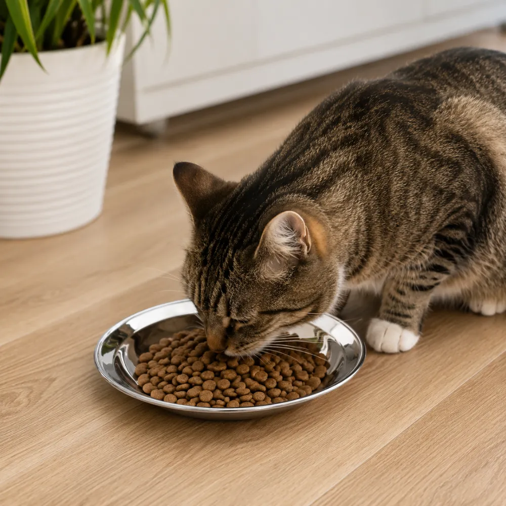 Tabby cat eating dry food from a stainless steel cat bowl on a wooden floor