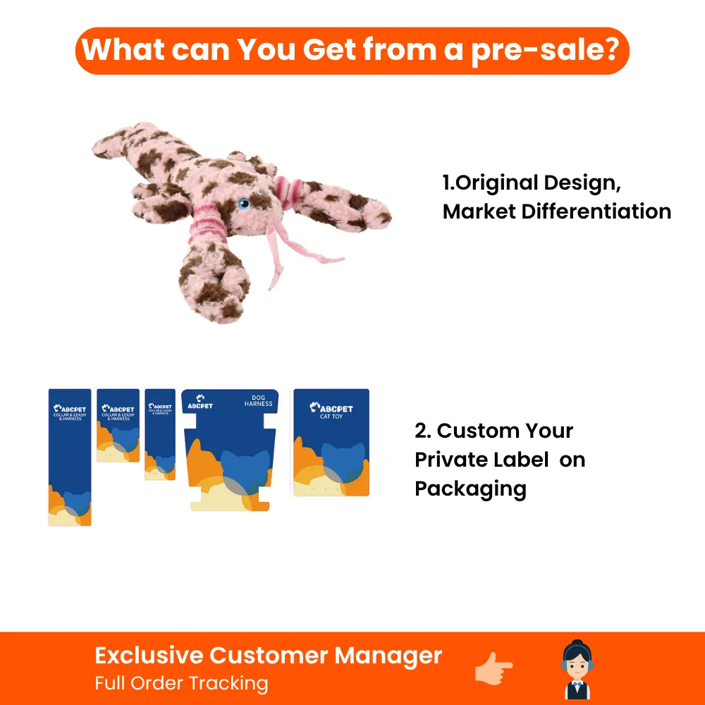 Pink lobster plush dog toy with private label packaging options and exclusive customer manager support for wholesale buyers.