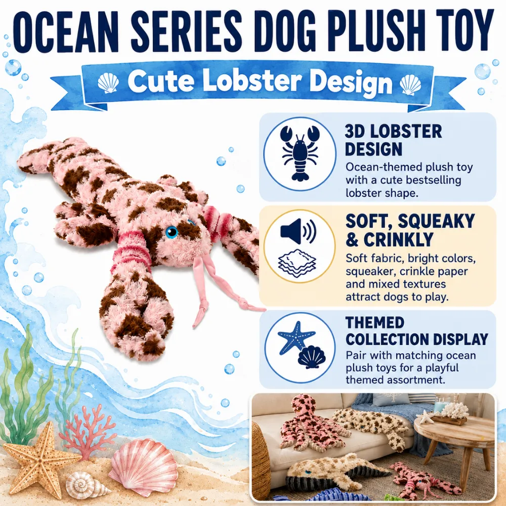 Ocean series pink lobster plush dog toy with soft fabric, squeaker, crinkle paper, and themed collection display.