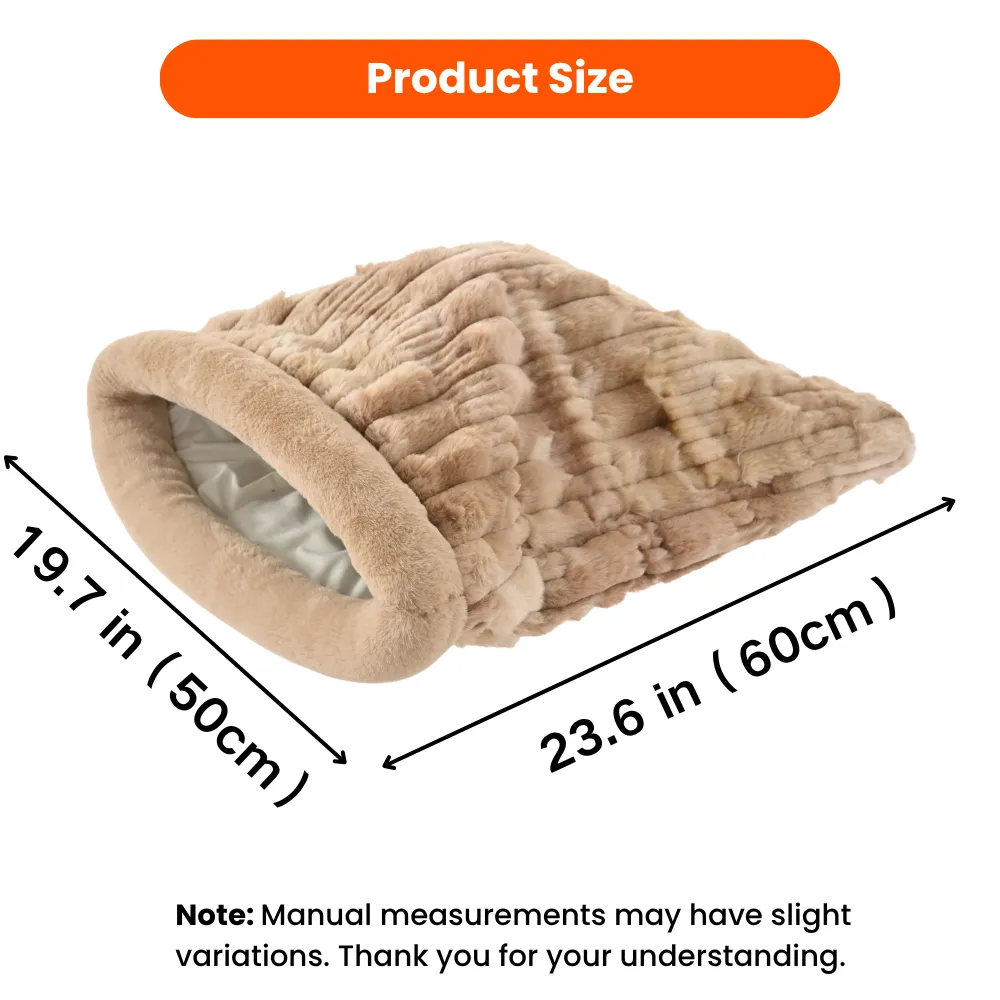 Cat sleeping bag size guide showing 23.6 in by 19.7 in dimensions for indoor cats