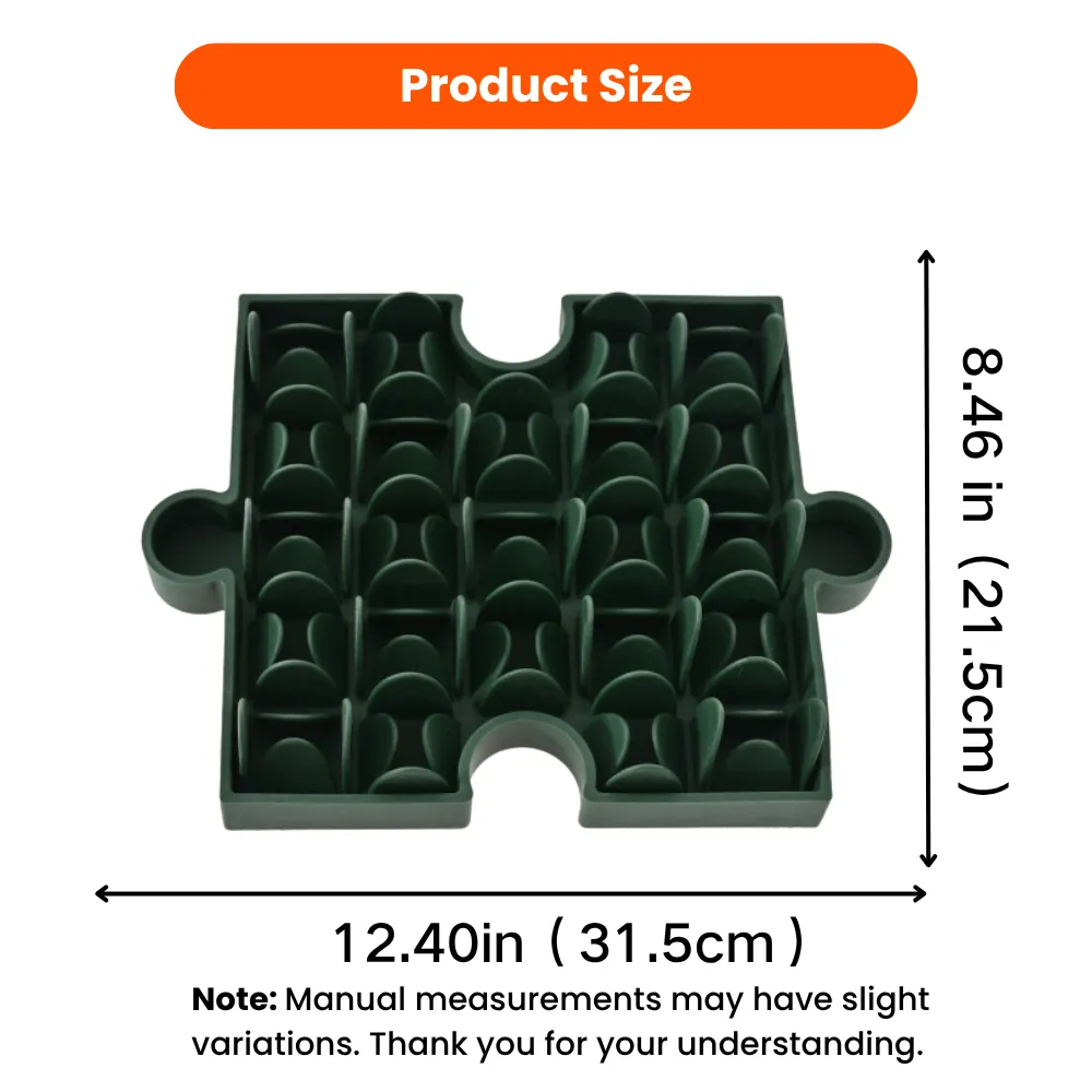 Puzzle slow feeder bowl size diagram showing 12.40 inch length and 8.46 inch width.
