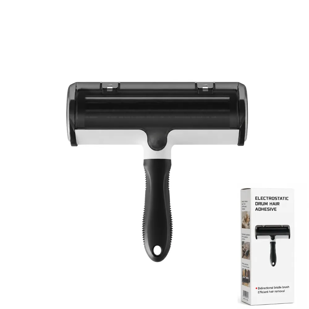 Electrostatic Pet Hair Lint Remover with Retail Box White and black electrostatic pet hair lint remover with handle and retail box on white background