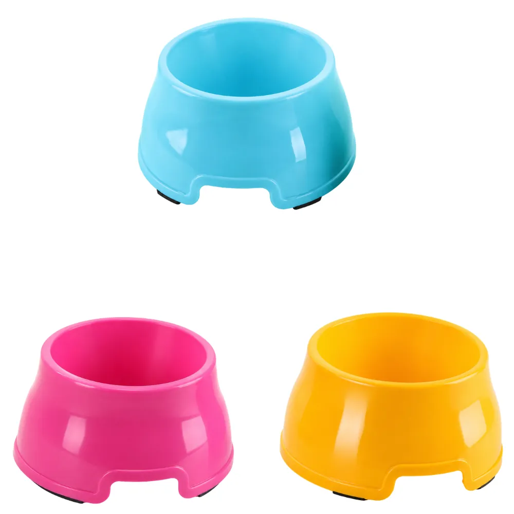 Wholesale elevated pet bowls in blue, pink, and yellow with non-slip bases for cats and dogs.