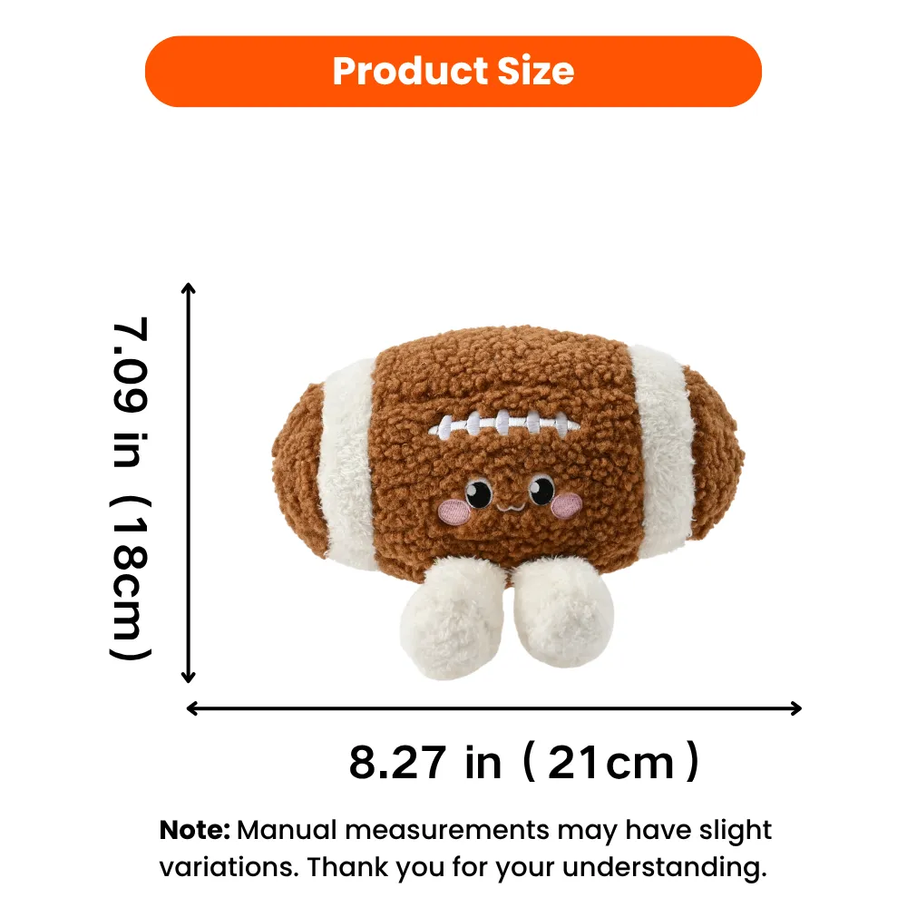 American football plush dog toy size chart showing 8.27 inches length and 7.09 inches height