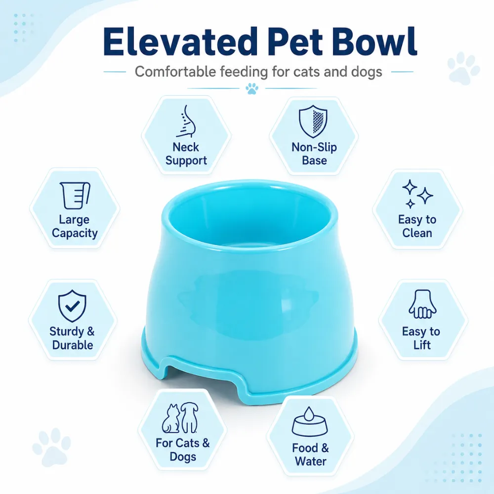 Blue elevated pet bowl with neck support, non-slip base, large capacity, and easy-clean design.