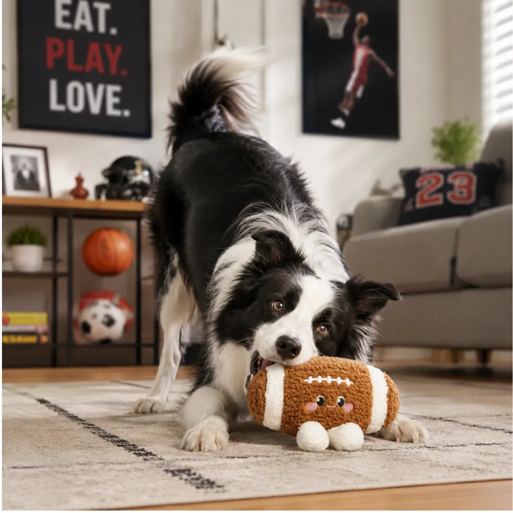 Border collie playing with an American football plush dog toy in a sporty home living room