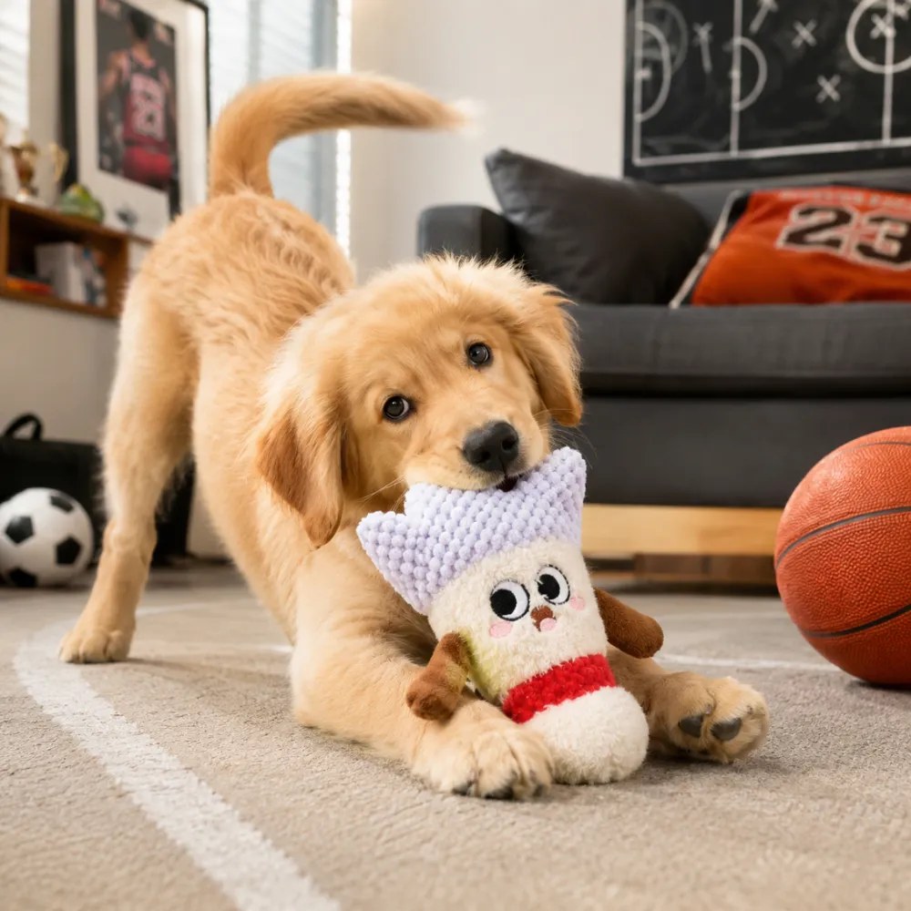 Golden retriever puppy chewing a shuttlecock plush dog toy in a sporty indoor home setting.