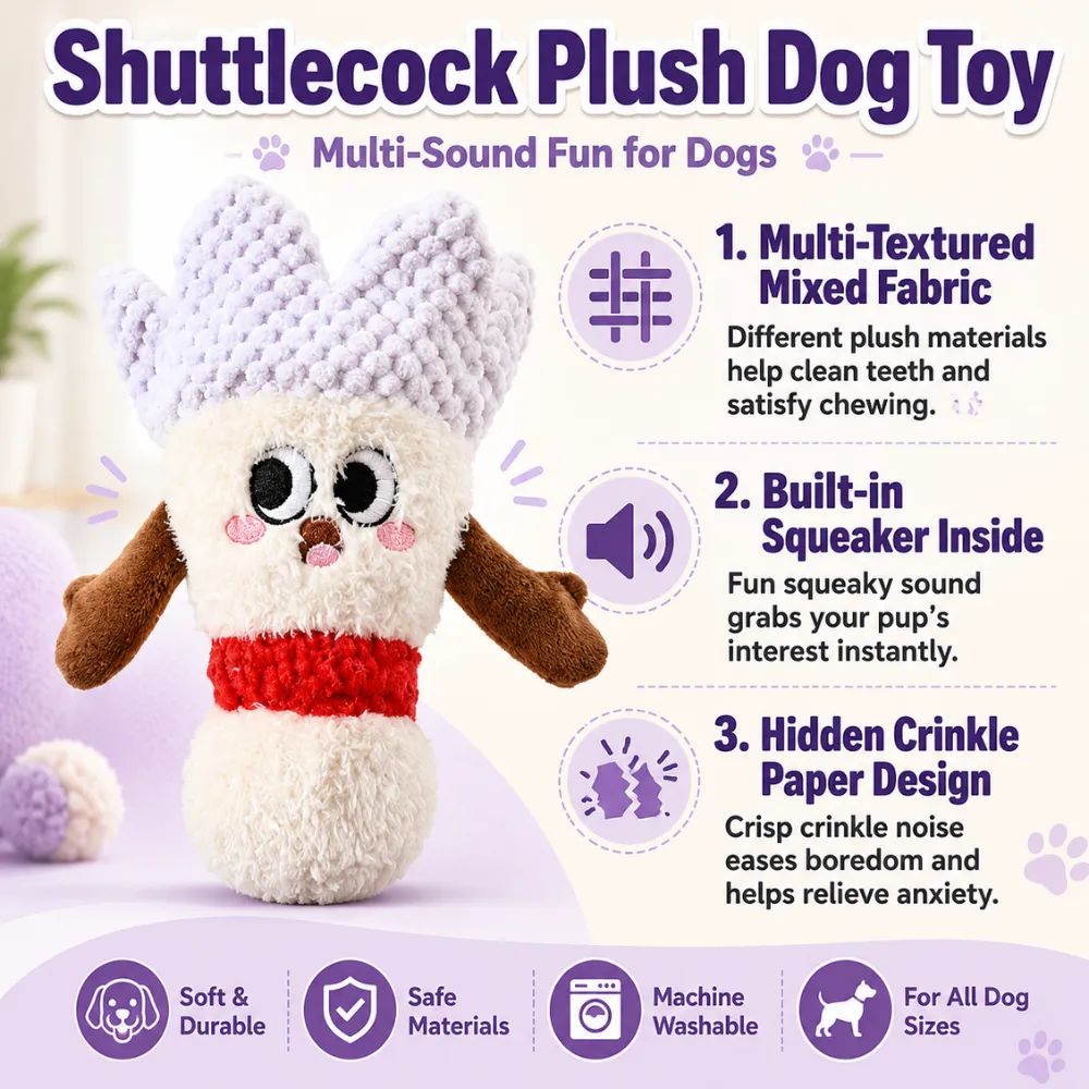 Wholesale shuttlecock plush dog toy pre-sale service image showing original design, private label packaging and order tracking support.