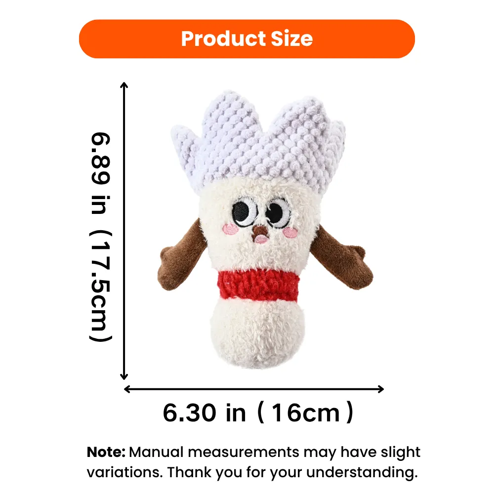 Size chart for shuttlecock plush dog toy measuring 6.89 inches tall and 6.30 inches wide.