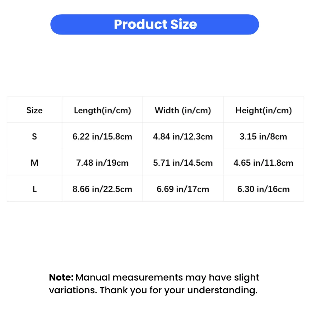 Elevated pet bowl size chart showing S, M, and L dimensions in inches and centimeters.