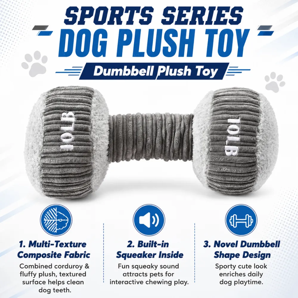 Wholesale dog dumbbell plush toy featuring multi-texture fabric, built-in squeaker, and sporty design for interactive play
