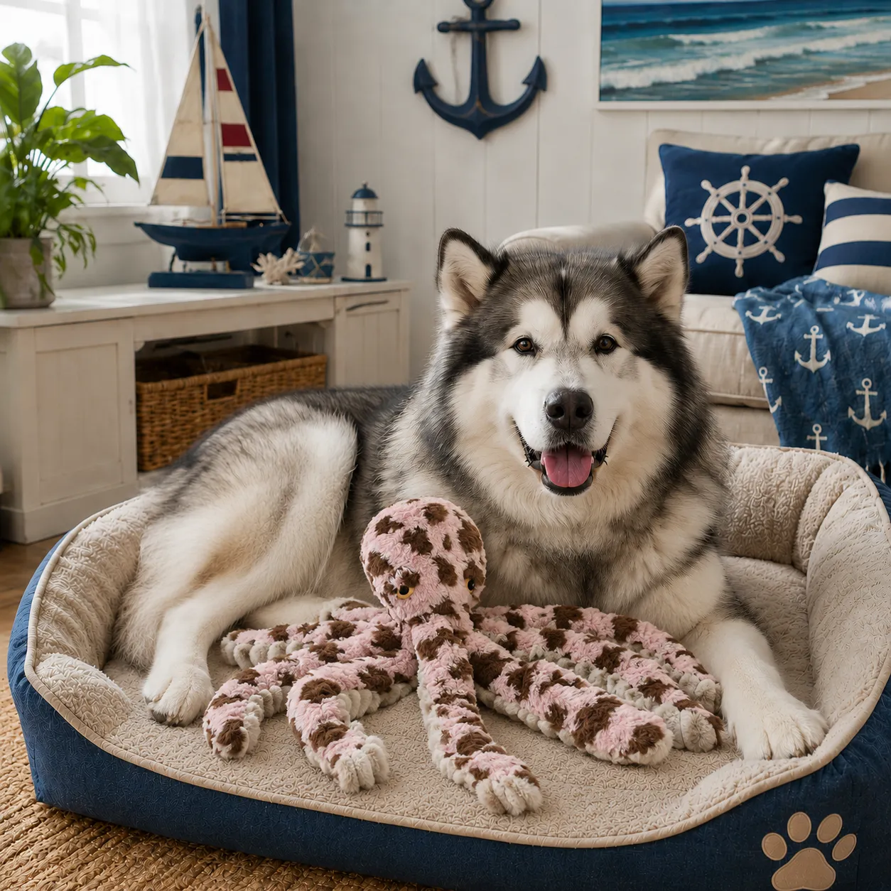 Husky dog enjoying a pink plush octopus toy with long legs for interactive chewing and tug play
