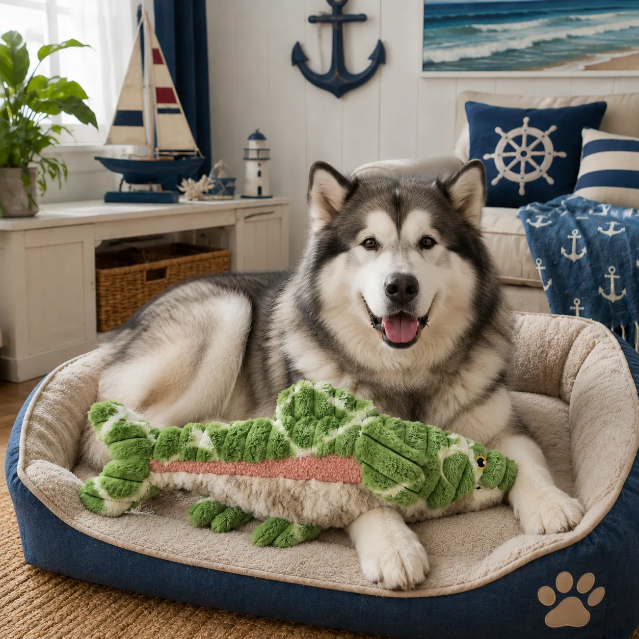 Husky dog enjoying a green plush crocodile toy designed for interactive chewing and indoor entertainment