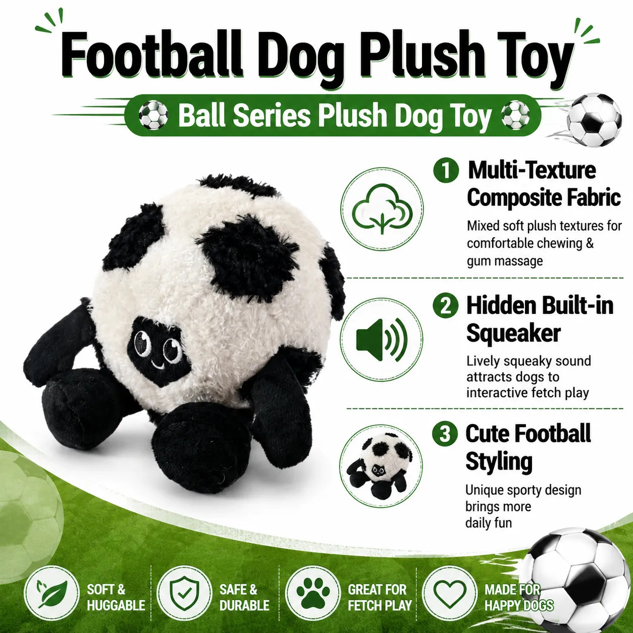 Football plush dog toy with multi-texture fabric, built-in squeaker, and cute football styling