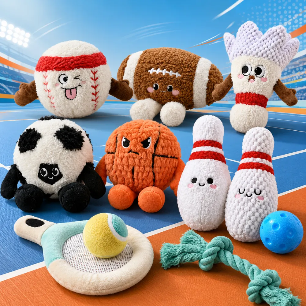Collection of colorful sports themed plush dog toys including football, baseball, basketball, and bowling designs