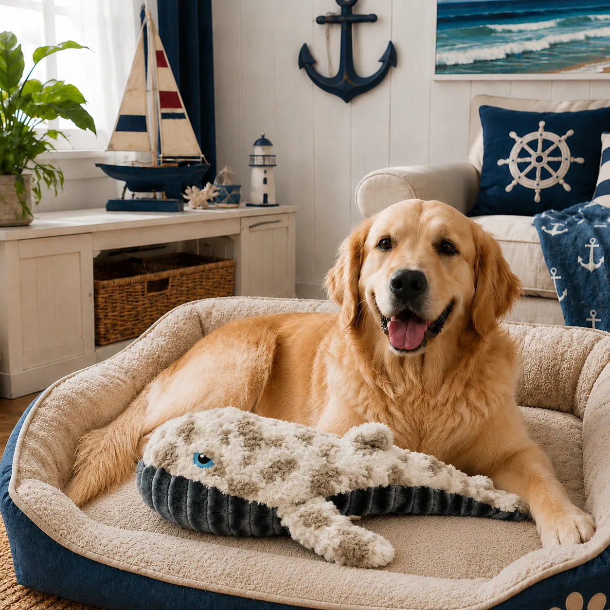 Golden retriever holding a plush crocodile squeaky dog toy with soft fabric texture for indoor play