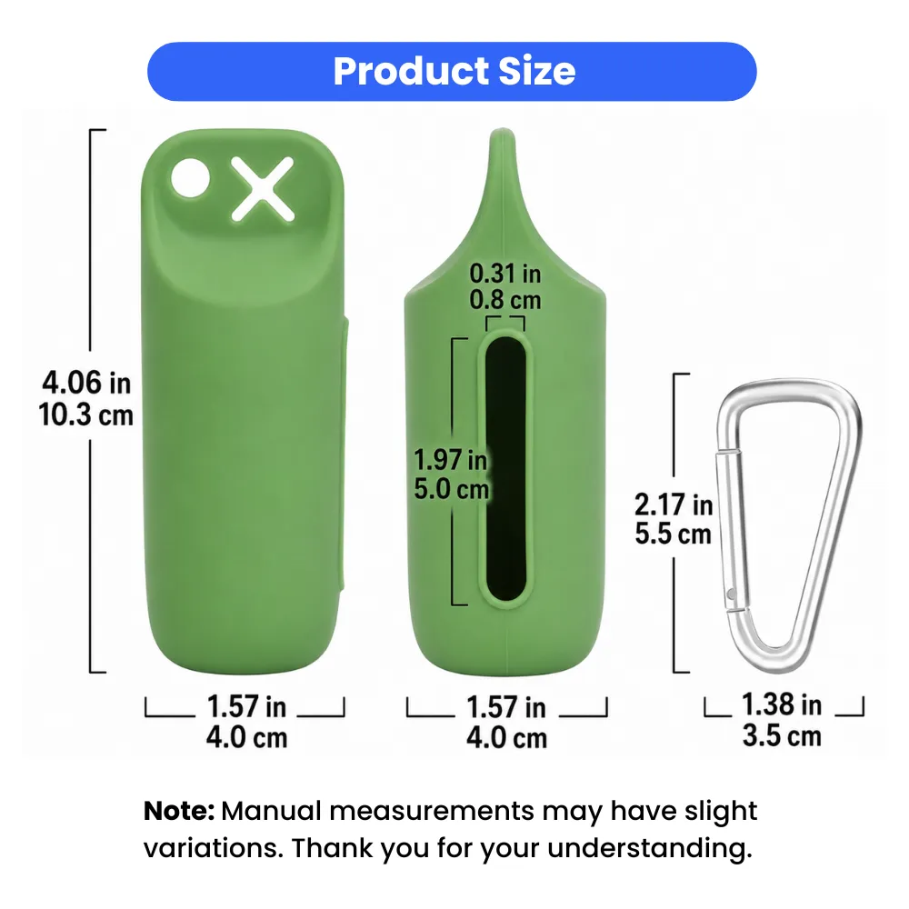 Dog poop bag dispenser size dimensions with silicone holder and clip