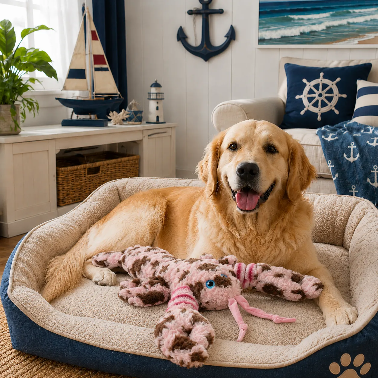 Golden retriever playing with a colorful plush octopus dog toy designed for chewing and interactive games