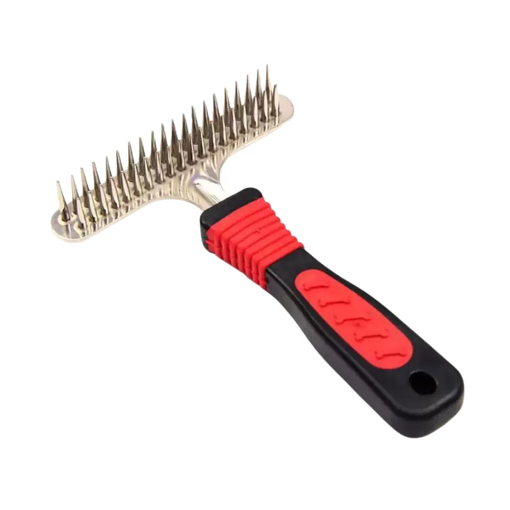 Black and red double sided dog dematting rake comb with stainless steel teeth for removing loose hair