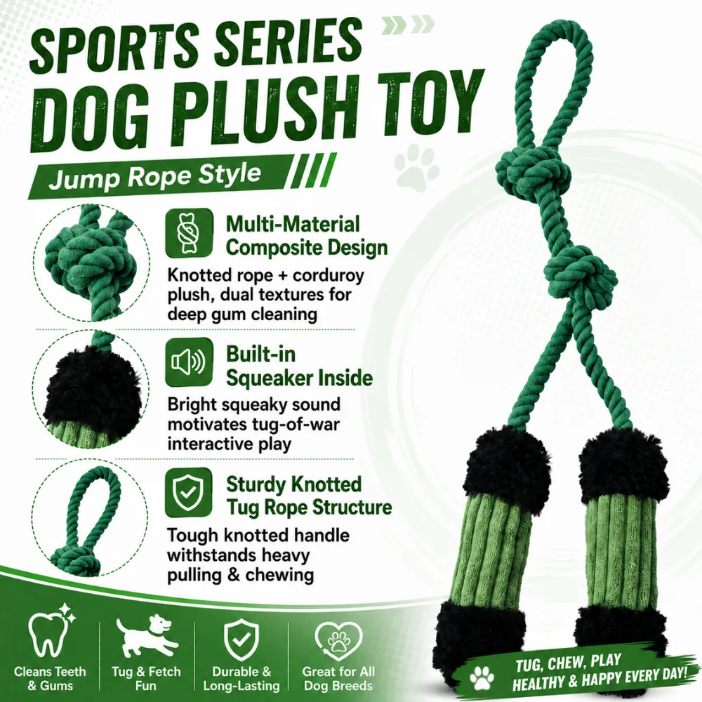 Sports series dog plush toy jump rope style with knotted rope and squeaker for interactive chewing play