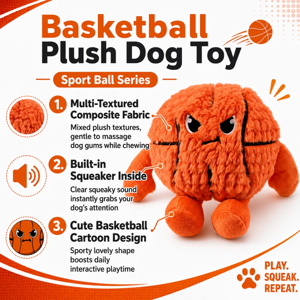 Basketball plush dog toy with built-in squeaker and multi-textured fabric for interactive chewing and play