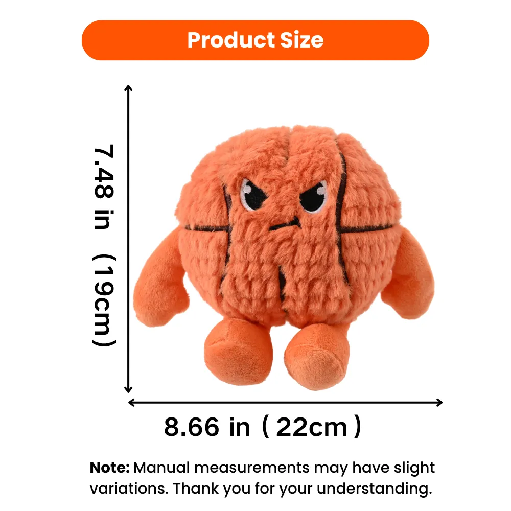 Basketball plush dog toy size measurement showing 22cm width and 19cm height dimensions
