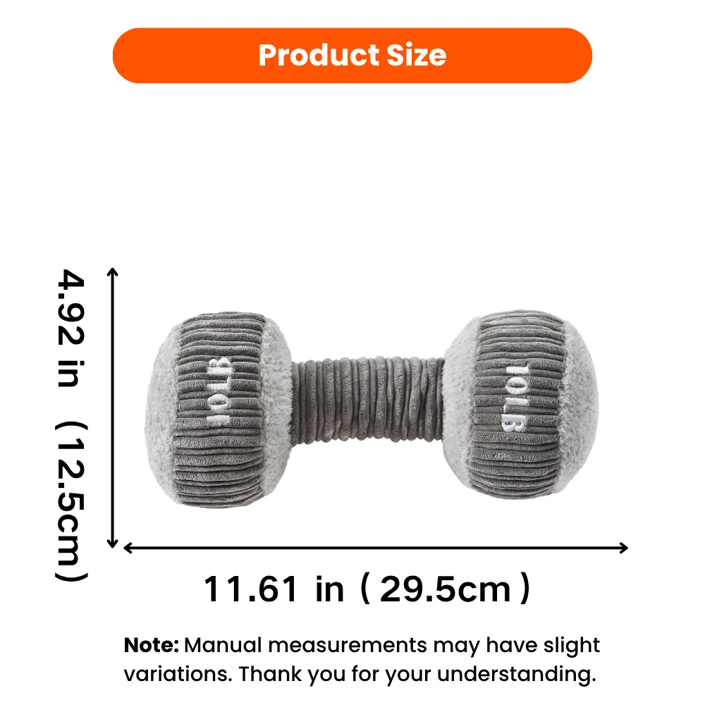 Dog plush dumbbell toy size information showing 29.5cm length and 12.5cm height