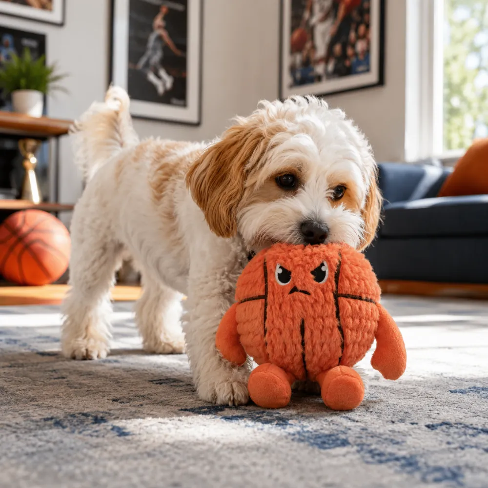 Small dog playing with basketball plush toy indoors during interactive playtime