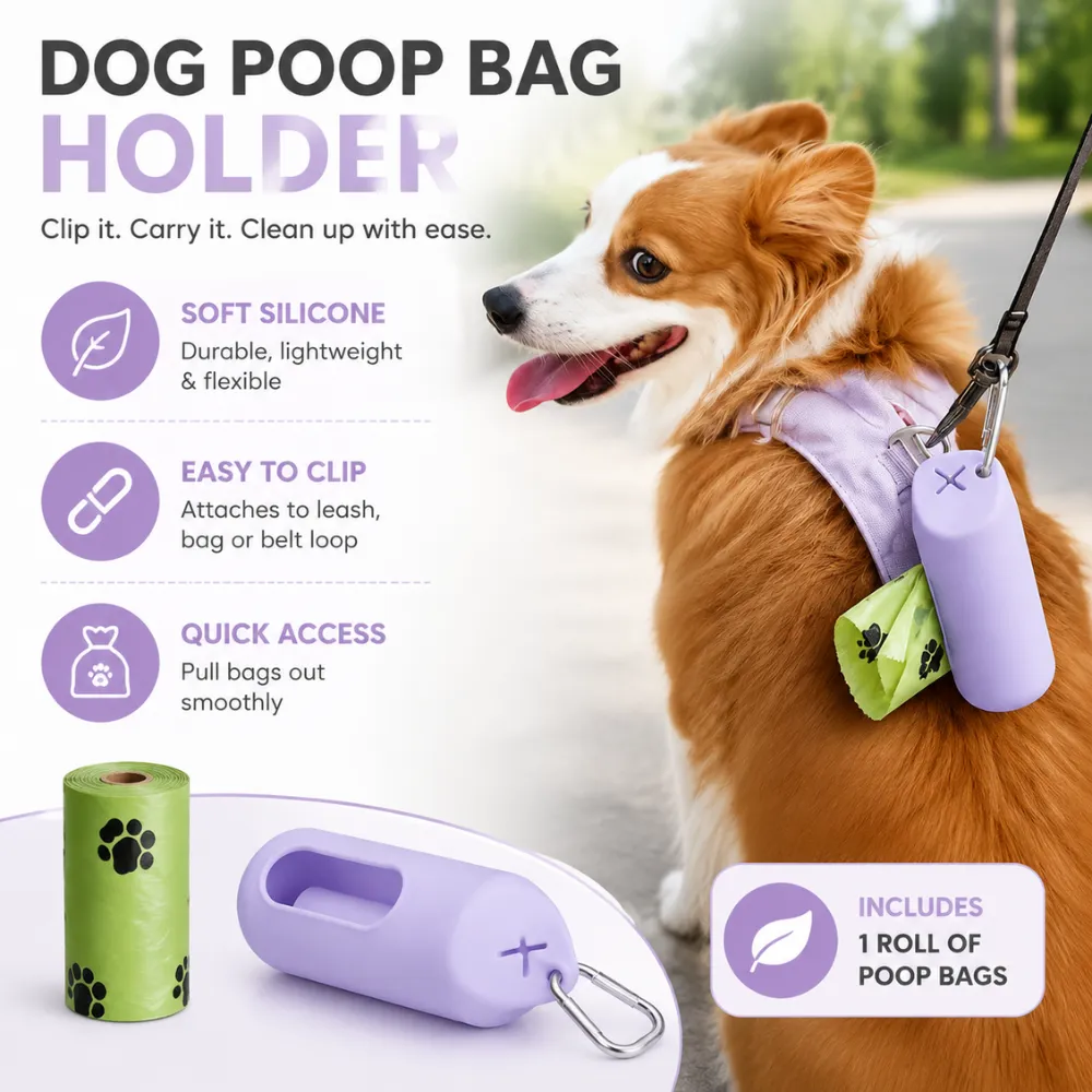 Dog poop bag holder clipped to leash with included roll of poop bags