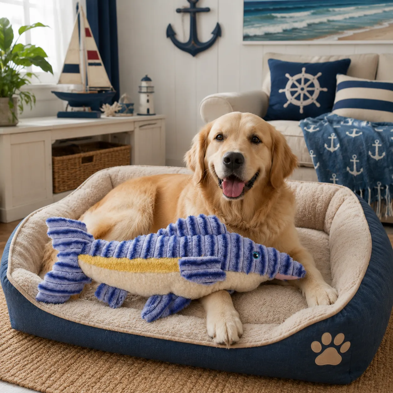 Golden retriever playing with a blue plush fish dog toy featuring a soft texture for chewing and fetching